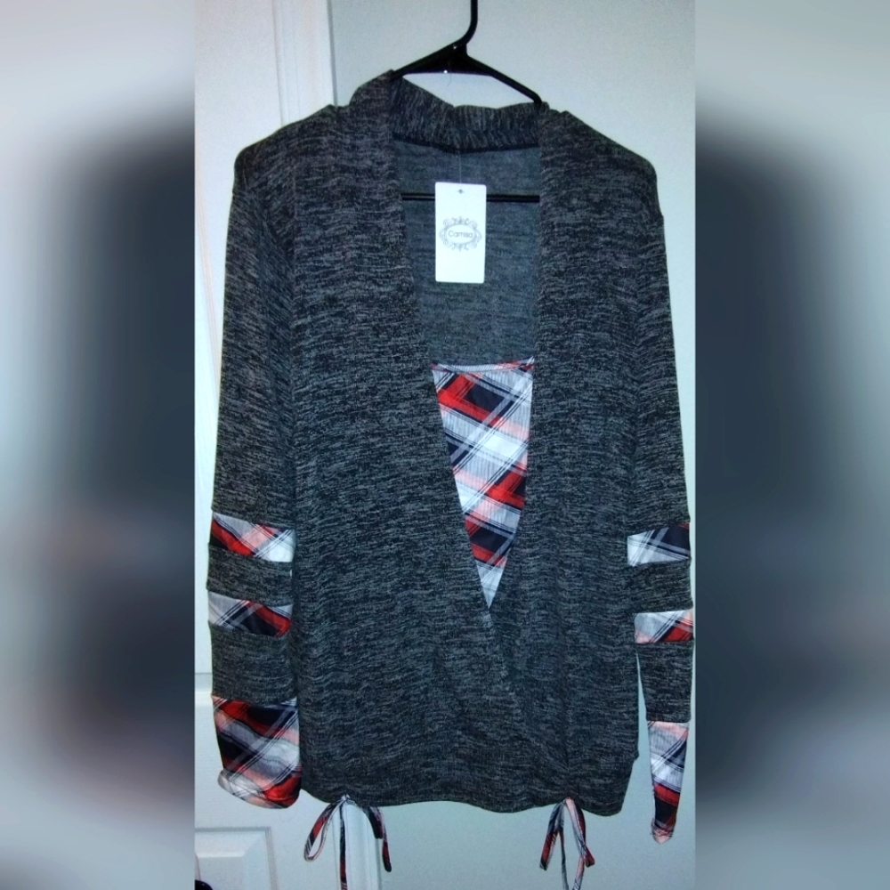 Grey and red plaid drawstring-ruched layered women's top XL